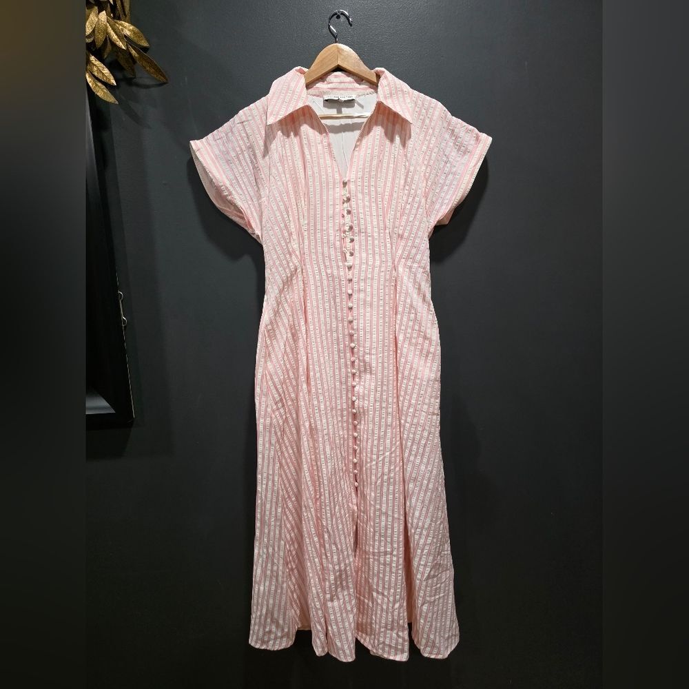 English Factory Seersucker Striped Midi Dress Pink White NWOT Sz S Cotton Blend